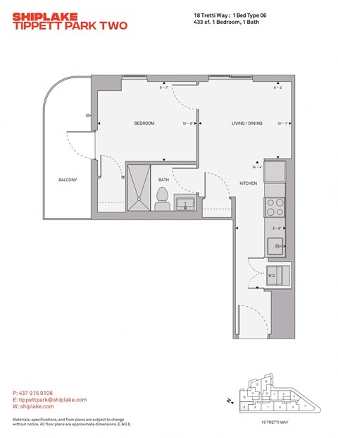 Floor plan for 1 bed, 1 bath, 433 sqft